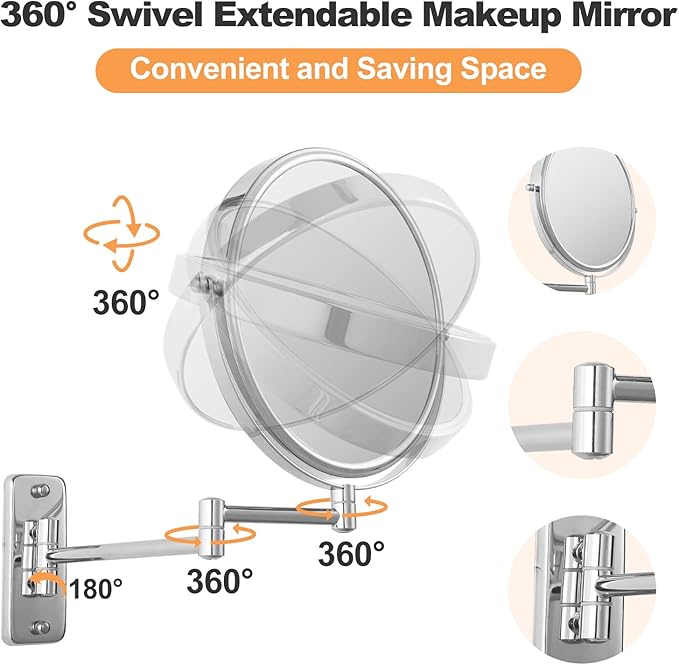 Espejo de Maquillaje de Pared 8" Cromo Doble Cara 1X/10X Brazo Extensible miniatura 7