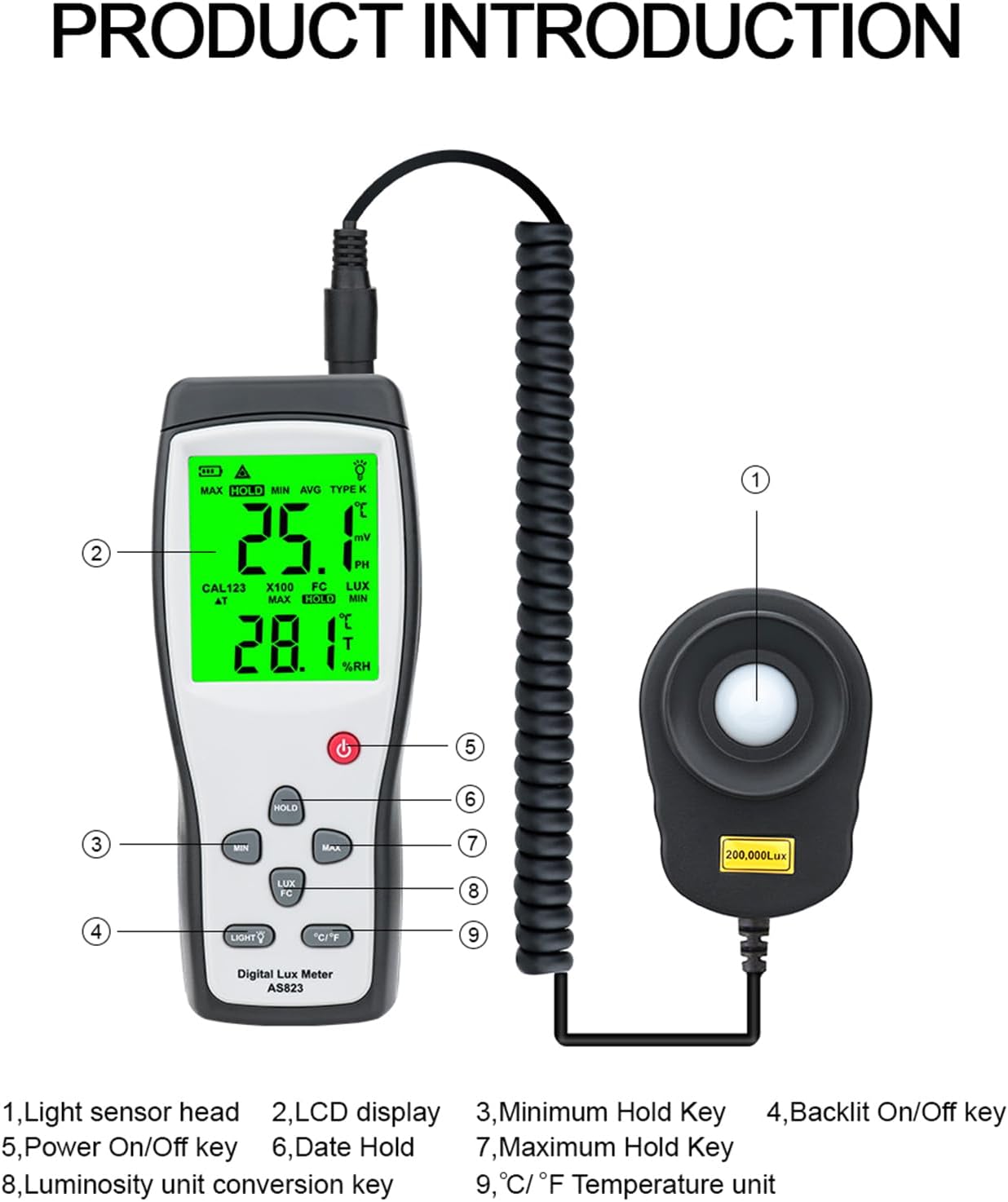 Professional Sensory AS823 Digital Meter High Precise Split Type Illuminometer Photometer Luminance Meter Educational Light Measurement Device