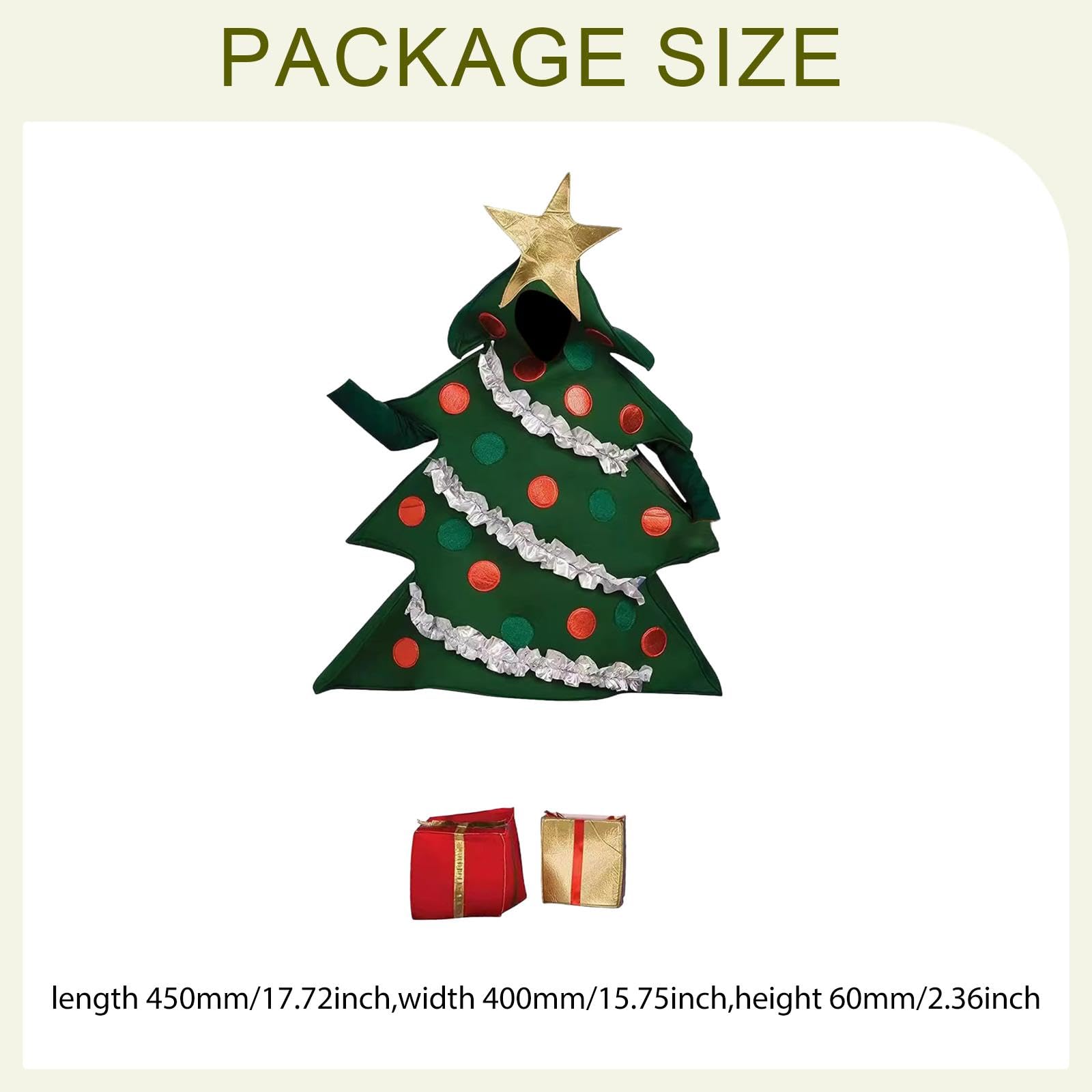 Weihnachtsbaumkostüm für Erwachsene mit Ornamentdetails und goldenen Schuhüberzügen, Verkleidungsset für Cosplay und Weihnachtsfeiern (Größe 155-175 cm)