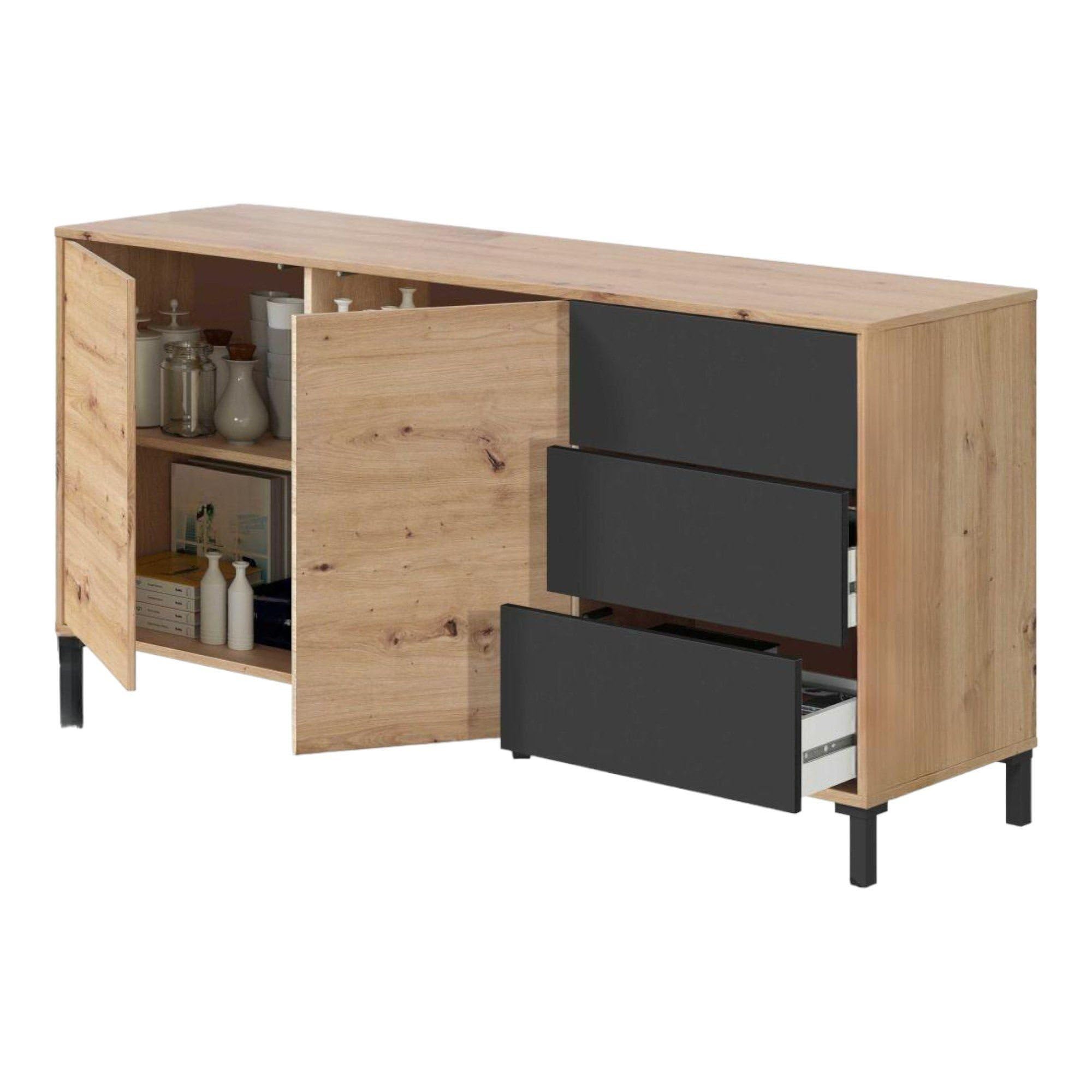 Dmora - Credenza Concord, Buffet da soggiorno, Mobile porta TV, Armadio per salotto, Madia moderna a 2 ante e 3 cassetti, 154x41h74 cm, Rovere nodi e Antracite