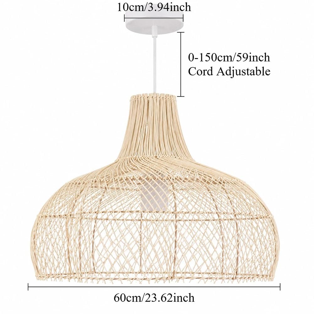 Beżowa Lampa Wisząca, 23,62-calowa Pleciona Lampa Wisząca Do Kuchni, Wyspy, Jadalni, Sypialni I Przedpokoju, Lampa Wisząca W Stylu Boho Z Rattanu W Stylu Rustykalnym, Regulowany Przewód, Sufit Skośny