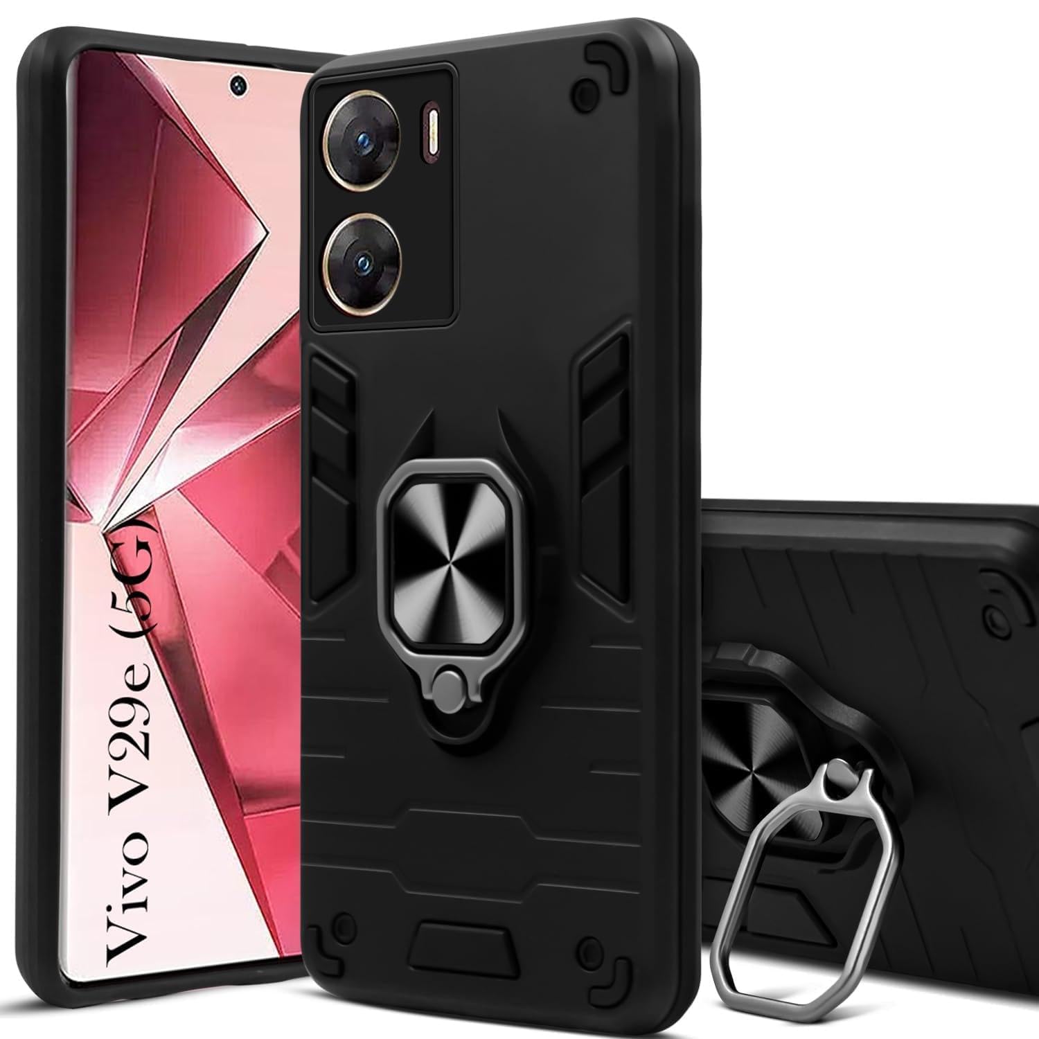 JANAK RAJ Ringstand Armor Bumper Back Case Cover Compatible with Vivo V29e 5G | Tough Rugged Shockproof PC+TPU Kickstand 360 Protective Design - Black