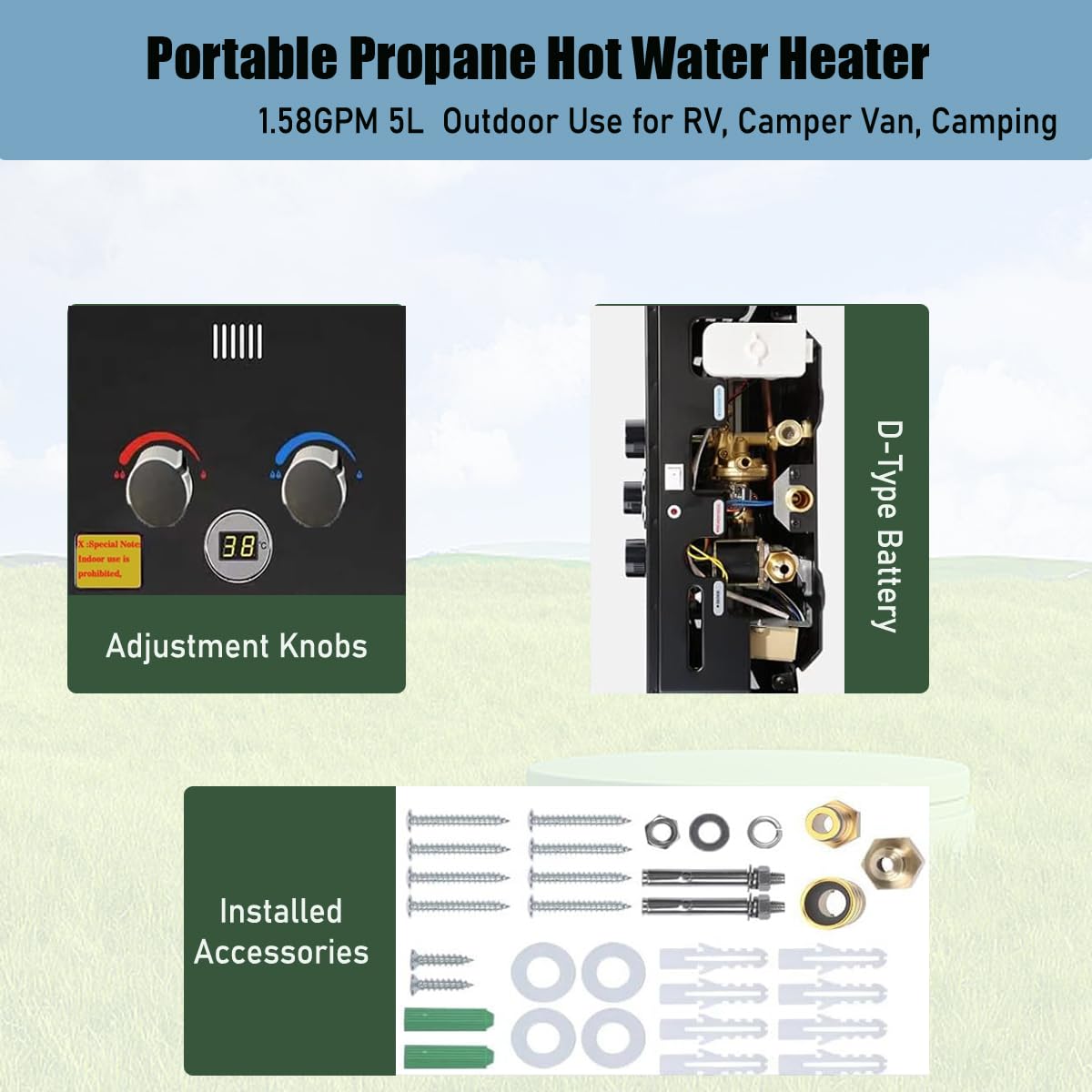 Chauffe-eau portable sans réservoir à gaz propane 6 l Affichage numérique Protection contre la surchauffe pour camping-car Facile à installer pour animaux domestiques
