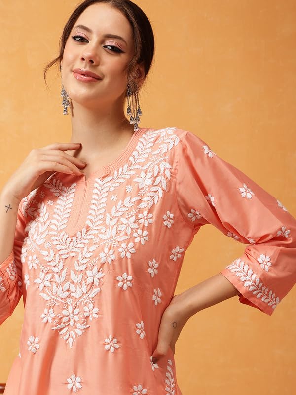 Image of Ada Women's Muslin Straight Fit Tunic Hand Embroidered Lucknowi Chikankari Straight Top Short Kurti A911420