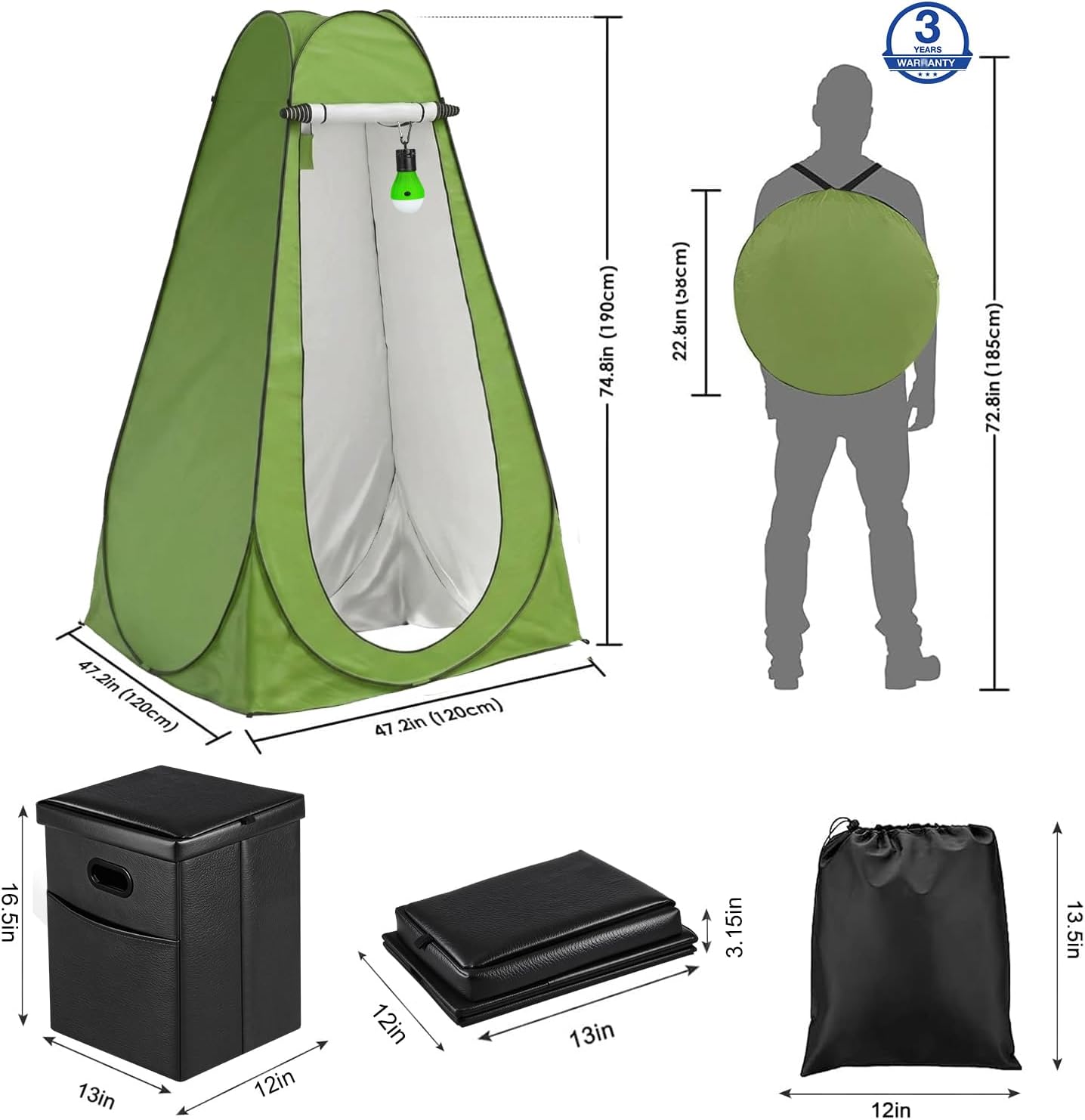 Portable Toilet Kit with Pop-Up Privacy Tent, All-in-One Outdoor Bathroom & Changing Room with Camping Toilet Seat, Waste Bags, LED Light for Camping, RV, Road Trip (Toilet with Green Tent)