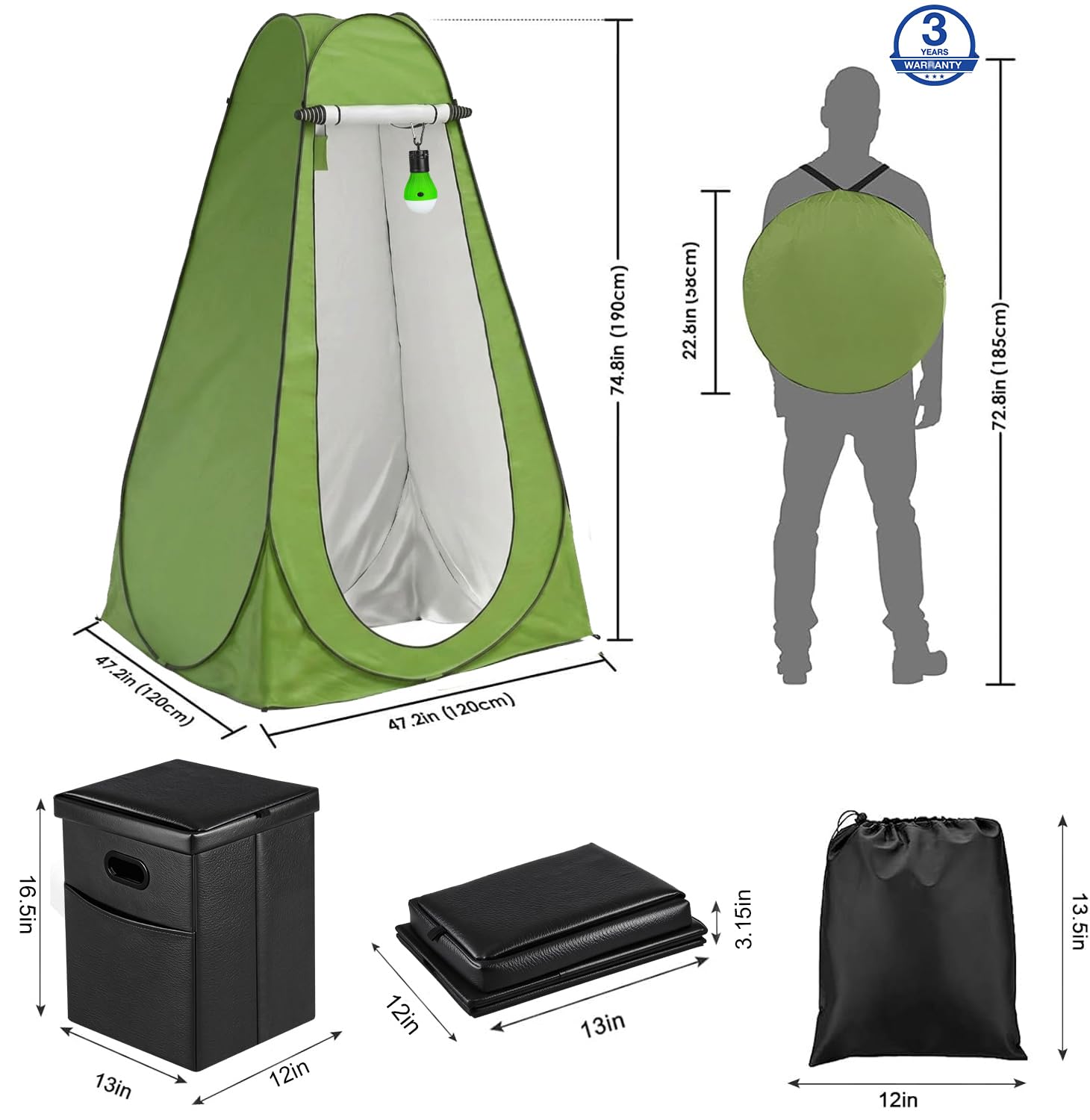 Kit de inodoro portátil con tienda desplegable de privacidad, baño todo en uno al aire última intervensión y vestuario con asiento de inodoro de camping, bolsas de desechos, luz LED para camping