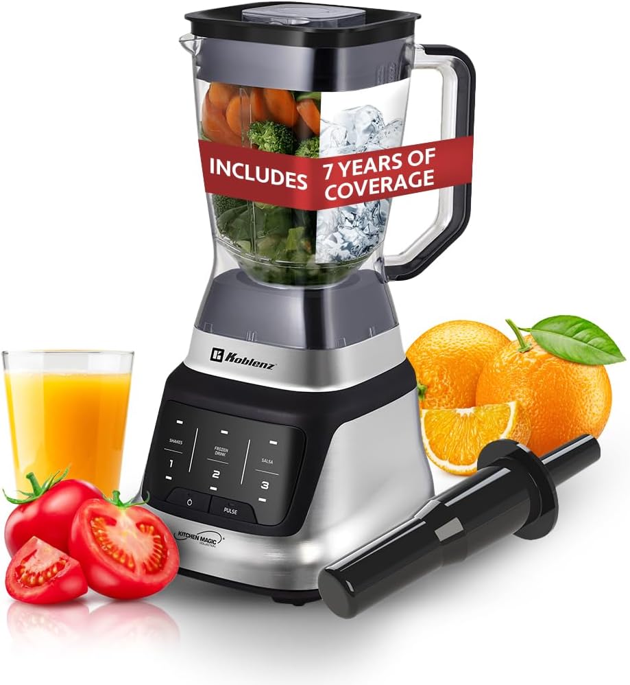 Koblenz Professional Countertop Blender, 1200W Stainless Steel, 3 Smart Programs, Touch Screen, Pulse, 68 oz Jar, Ultra-Quiet, Black/Chrome, LKM-9406