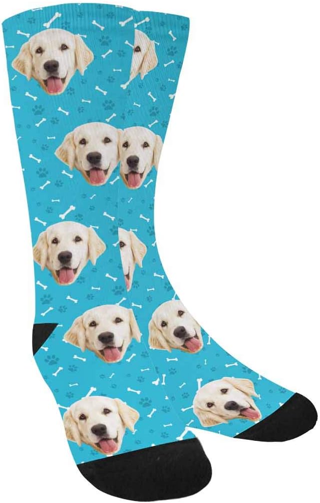 Custom Personalized Photo Pet Face Socks, Cat and Dog Tracks Paws Bones Crew Socks with Picture for Men Women
