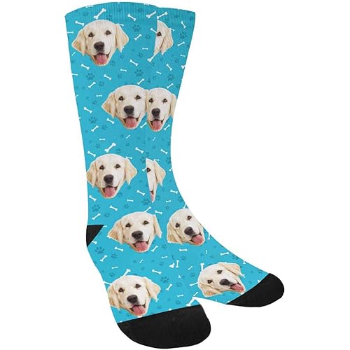 Custom Personalized Photo Pet Face Socks, Cat and Dog Tracks Paws Bones Crew Socks with Picture for Men Women