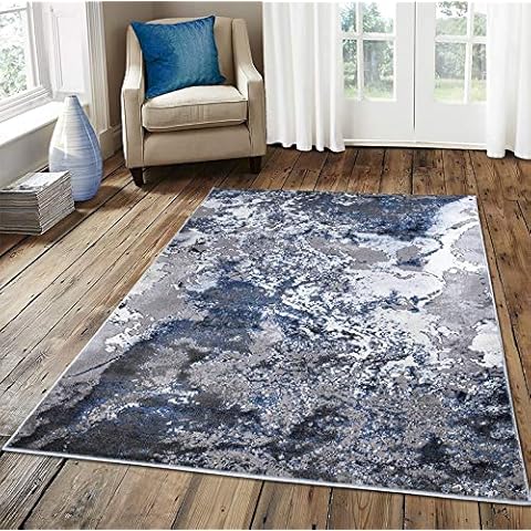 NEW NAVY BLUE SILVER SPLASH MARBLE SHIMMER SHEEN EFFECT MODERN RUG SILKY SOFT CHIC DESIGN AREA MAT (120x170cm) Cover