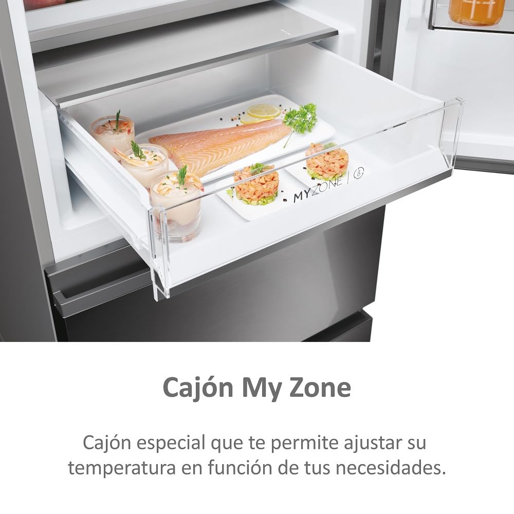 Haier 3D 60 Series 5 HTW5620CNMP - Frigorífico Combi, Cajones Direct Access, WIFI, Botellero, Motor Inverter, My Zone Pro, Humidity Zone, Total No Frost, AnxAl 59,5x205cm, 414L, Luz LED, Inox oscuro