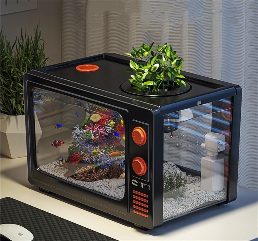 Acquario da tavolo da 3 galloni, acquario TV retrò, acquario per pesci con filtro multifunzione, acquario per pesci ad alta trasparenza realizzato in materiali AS (nero, 18,3 x 19,6 x 30,5 cm)