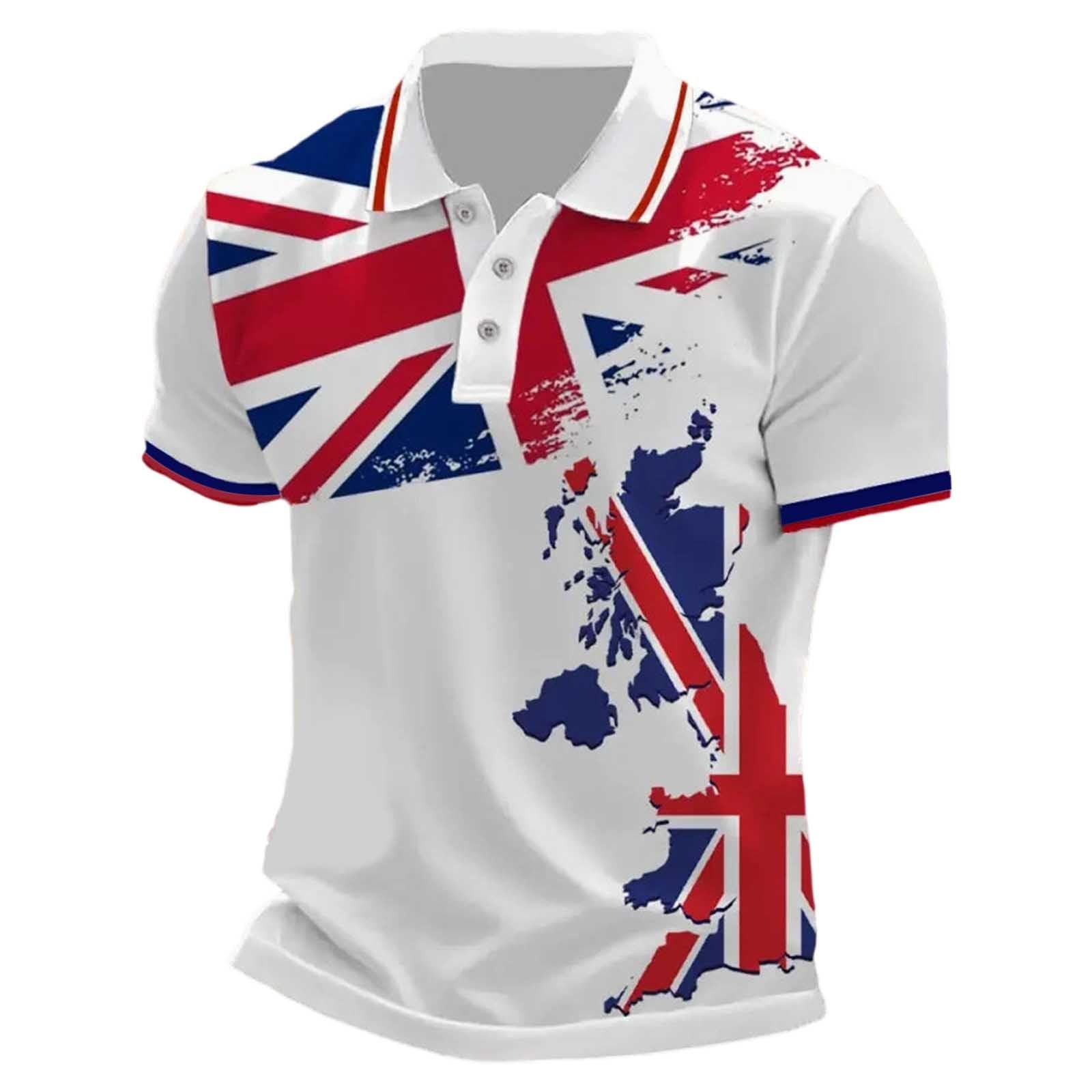 Mens England Polo Shirts Football 2026 Short Sleeve Collared Neck Great Britain Bunting Flags Print Union Jack T Shirt England Football Jersey Tops Breathable Fans Shirts (012-White, L)