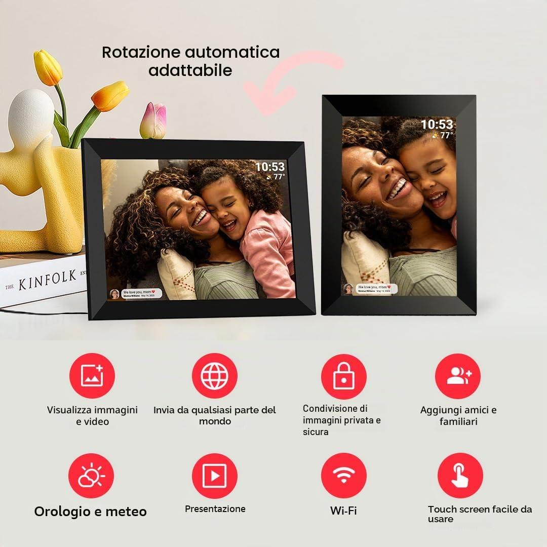 Frameo - Cornice per foto digitale WiFi, 32 GB, 10,1 pollici, 1280 x 800 mm, touch screen IPS HD, rotazione automatica, 32 GB di spazio di archiviazione integrato, condividi momenti istantaneamente