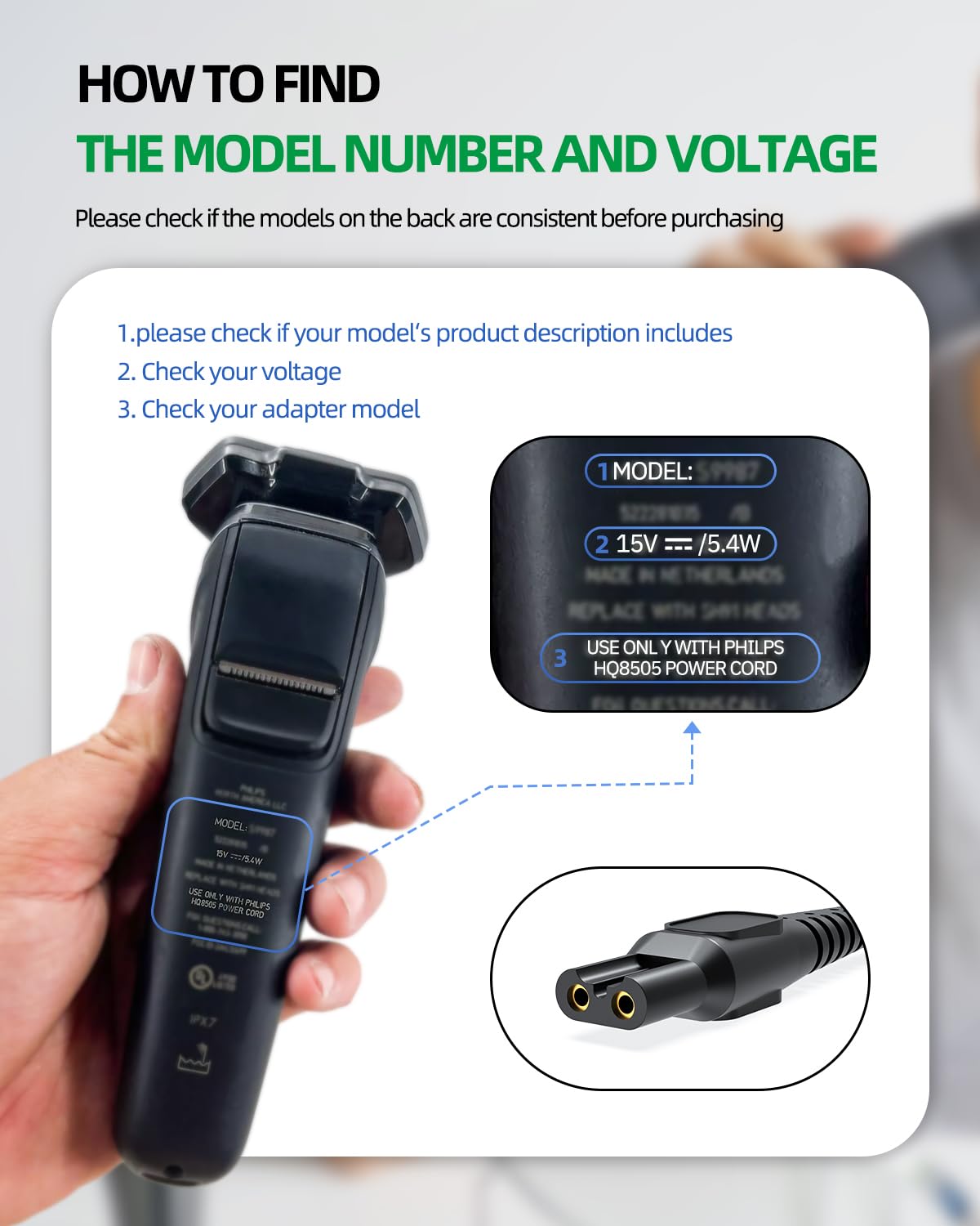 15V Charger Cord Fit for Philips Norelco HQ8505 Select Series 3000 5000 6000 7000 9000 (Older Shaver), Multigroom MG5750 MG7750 MG7770 MG7790, BG7040 BG7030 BG5025 S9987 Electric Shaver Razor Trimmer