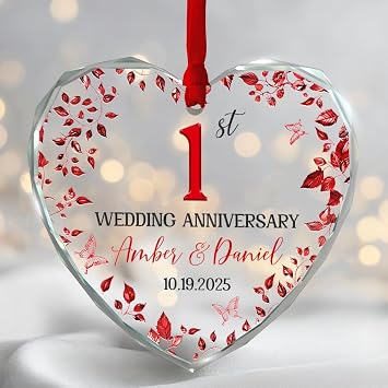 Personalized 1st Wedding Anniversary Ornament 2025 Custom Names & Date Heart-Shaped Glass Decoration Romantic Clear Keepsake for Couples Elegant Christmas Ornament Gift for Husband & Wife