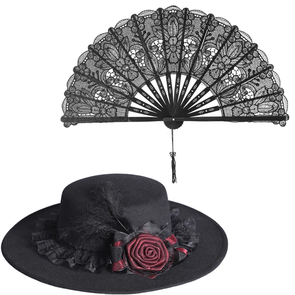 Éventail dentelle noire avec chapeau rose pour cosplay Halloween