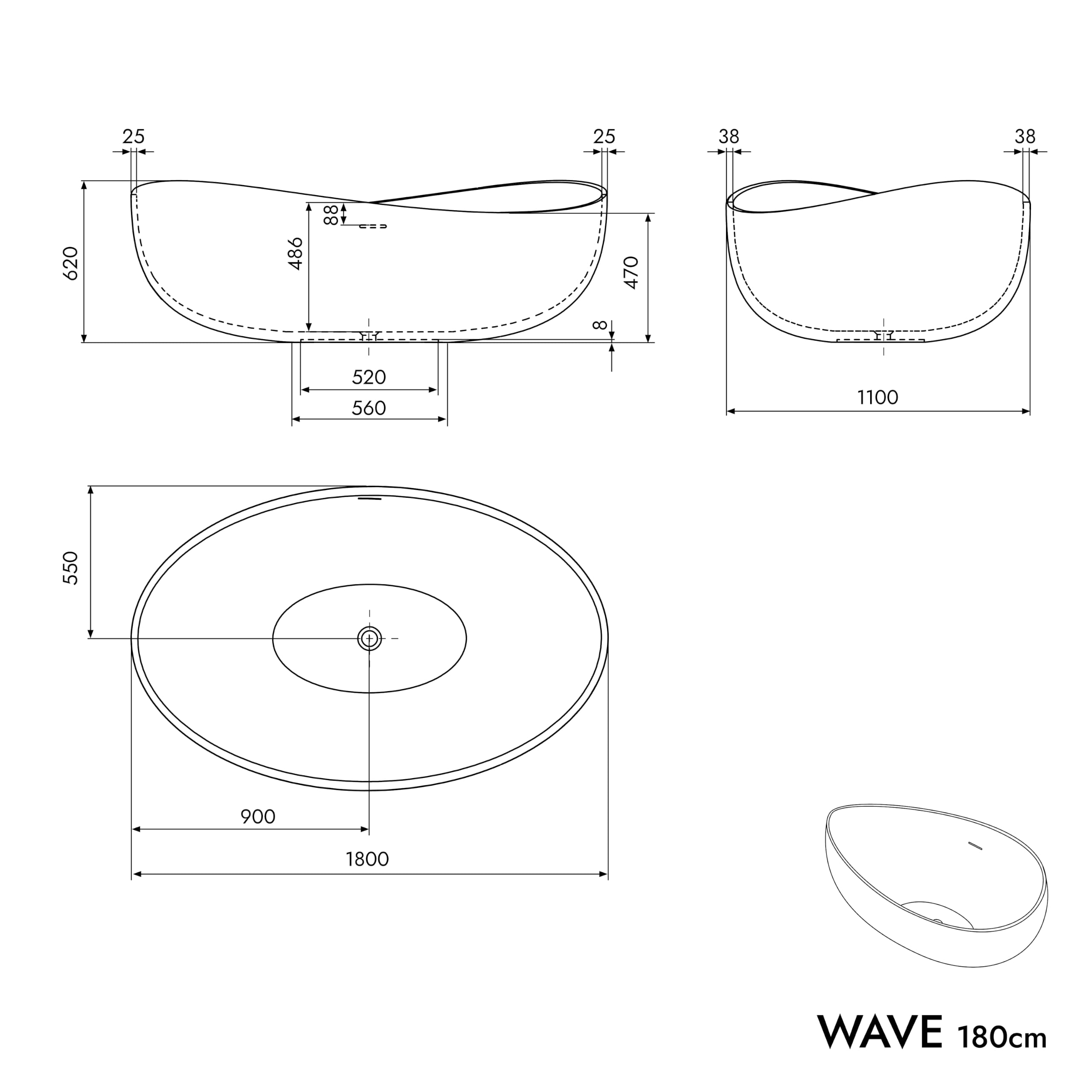 Bernstein Freistehende Badewanne WAVE STONE 180 x 110 cm Weiß matt