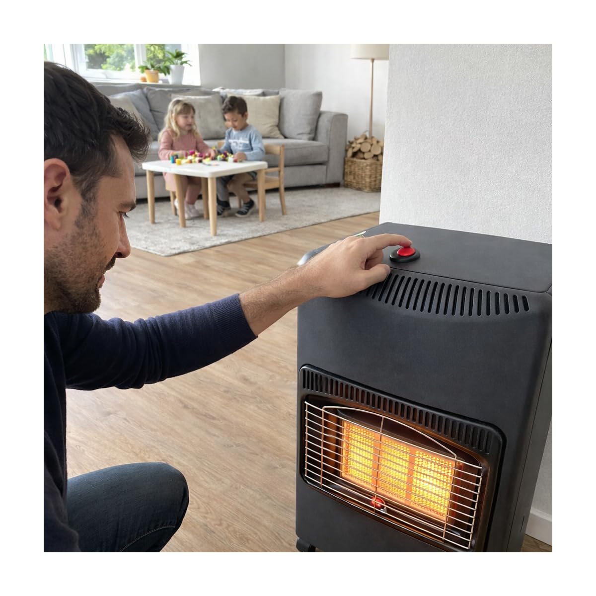NIKLAS - Grzejnik gazowy 4200 W + złącze w zestawie z 3 poziomami nagrzewnicy - szara głowica gazowa na podczerwień na kółkach, łatwy zapłon piezo, wnętrze 120m3