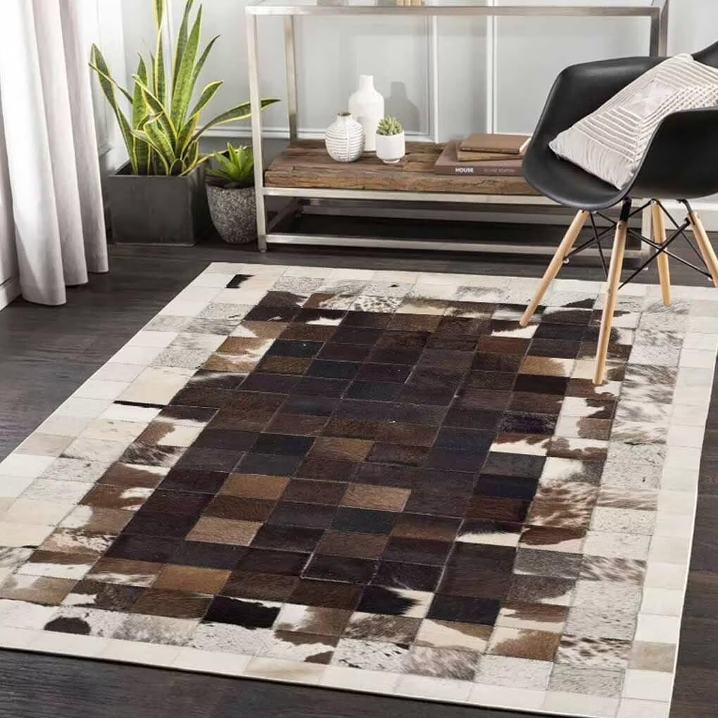 Grey and White Western Cowhide Area Rug 2'x3'Abstract Modern Area Rug for Hallway Non-Slip Rustic Lodge Highland Cow Rugs Couch Decor Low Pile Brown Cow Plaid Print Carpet