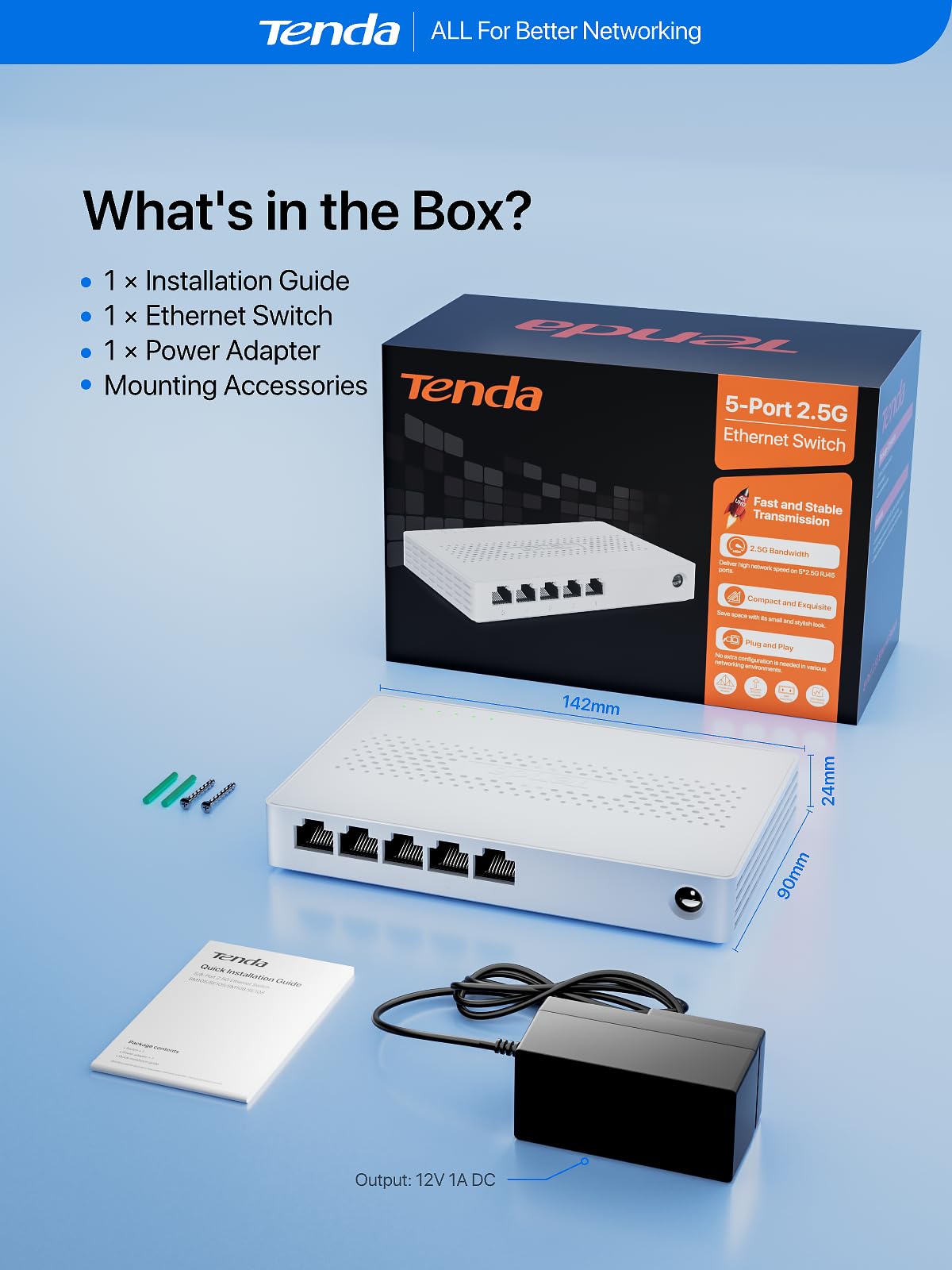 Tenda SE105 Commutateur Ethernet non géré 5 ports 2,5 G, 4 ports Base-T 2,5 G, capacité de commutation de 25 Gbit/s, compatible avec 100/1000/2500 Mbps, pour divertissement à domicile ou réseau SOHO