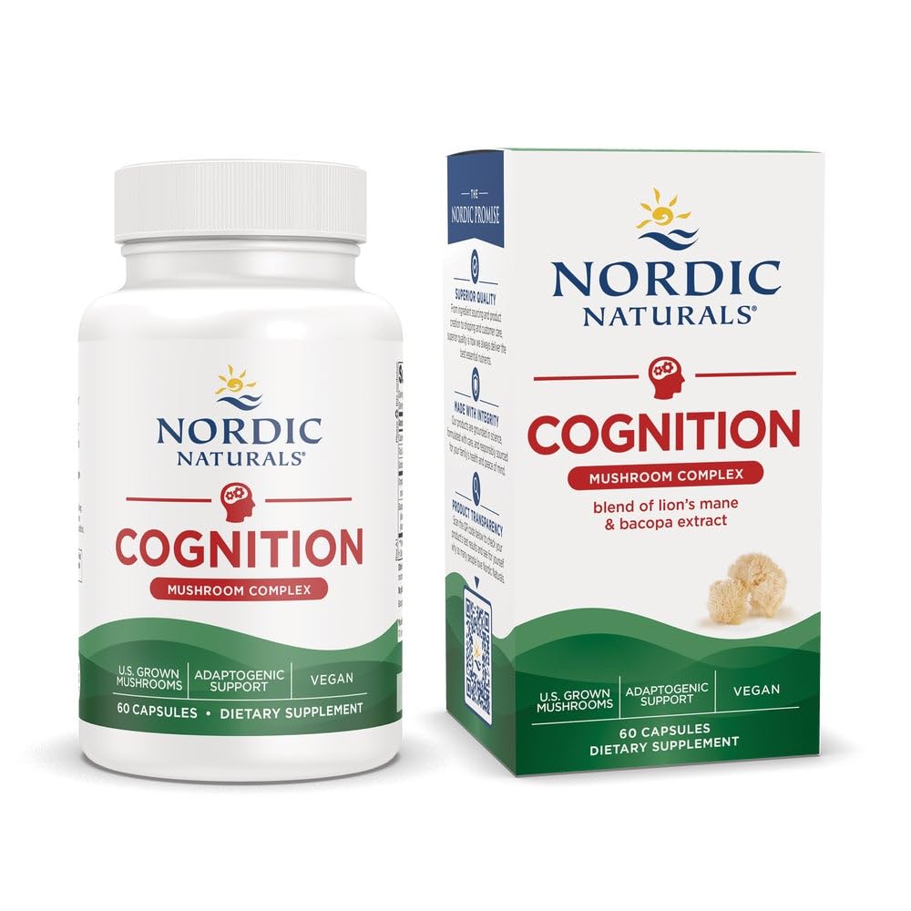 Nordic Naturals Cognition Mushroom Complex, Unflavored - 60 Capsules - Brain, Memory & Mood Support - Blend of Lion’s Mane Mushroom & Bacopa Extract - Non-GMO - Certified Vegan - 30 Servings