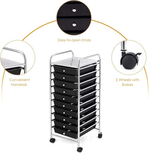 Miniatura 9 de RELAX4LIFE Carrito de almacenamiento con 10 cajones, ruedas rodantes, semitransparente, multiusos, móvil con ruedas para escuela, oficina, hogar,