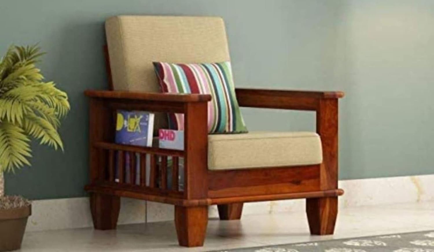 Wooden Single Seater Sofa Chair for Living Room, 1 Seater Armchair for Drawing Room, Solid Wood Sheesham, Honey Brown-picture-19