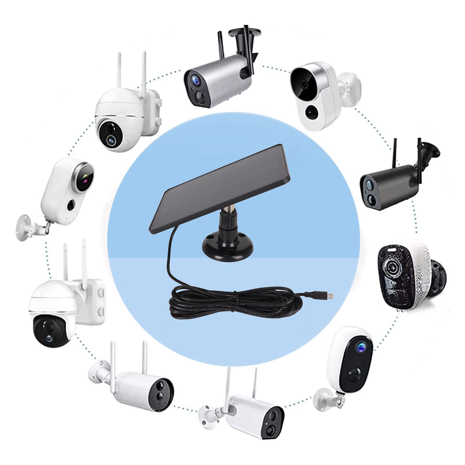 Elprico Pannello solare per telecamera di sicurezza, per telecamera di sicurezza DC 5V, caricatore per telecamera impermeabile IP65, telecamera di sicurezza alimentata a batteria ricaricabile (Nero)