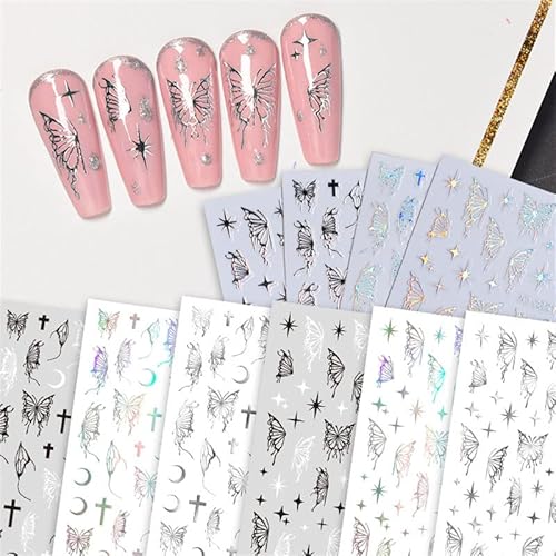 Nail Stickers Butterfly Black White Nail Decals Butterfly Laser Nail Art Stickers Flowing Light Self Adhesive Diy Nail Decoration - 6 Sheets - Gone With The Angel #TOP2