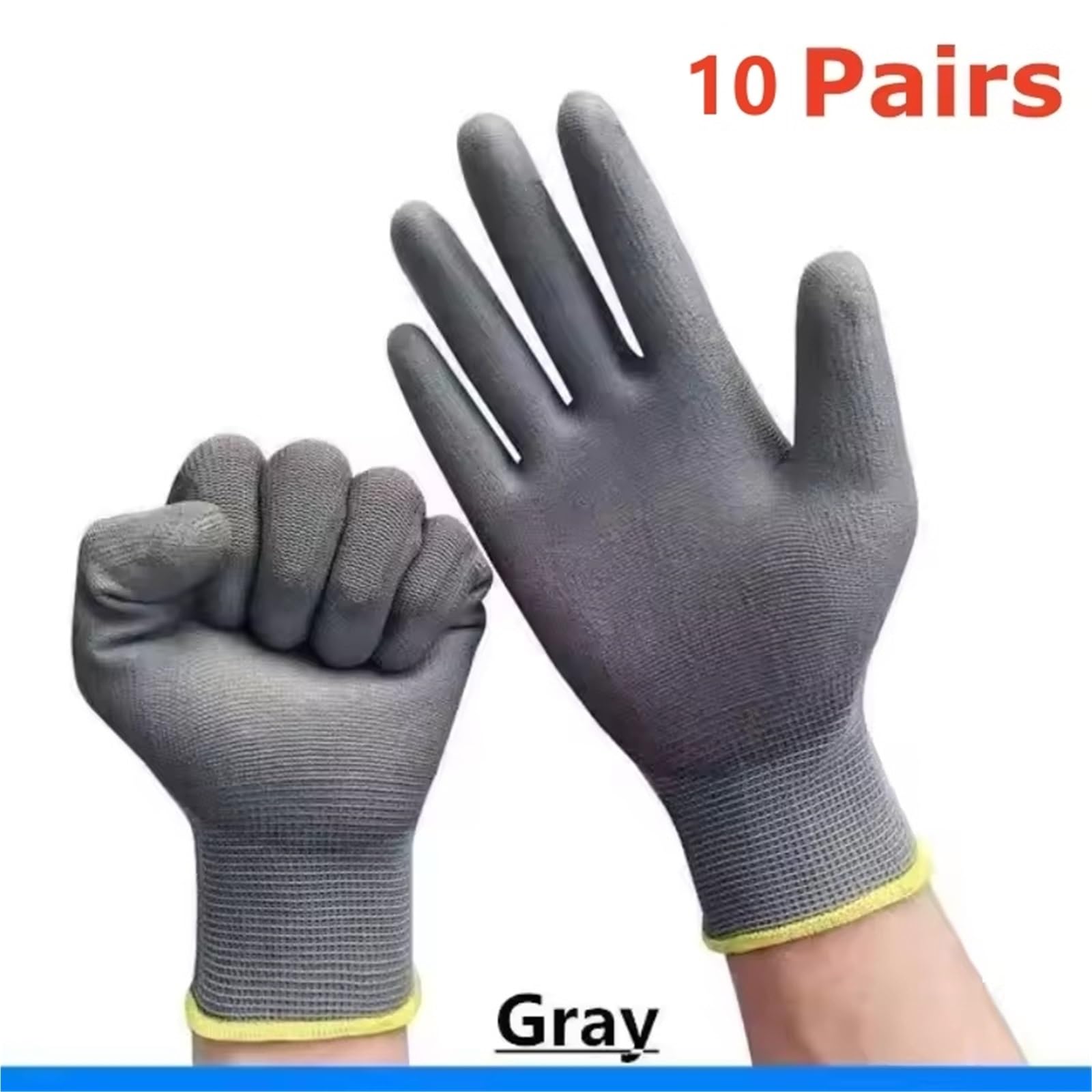 Gants De Travail Antidérapants Gants de travail antidérapants recouverts paume en PU, gris, for le jardinage et les réparations domestiques, 2/6/10 pièces(Grey 10Pairs,L)