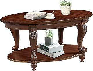 LKTART Oval Wood Coffee Tables for Living Room, Vintage Round Coffee Table with Carved Wood Legs, Tradition Elegant Center Table (Cherry, 42 Inch)