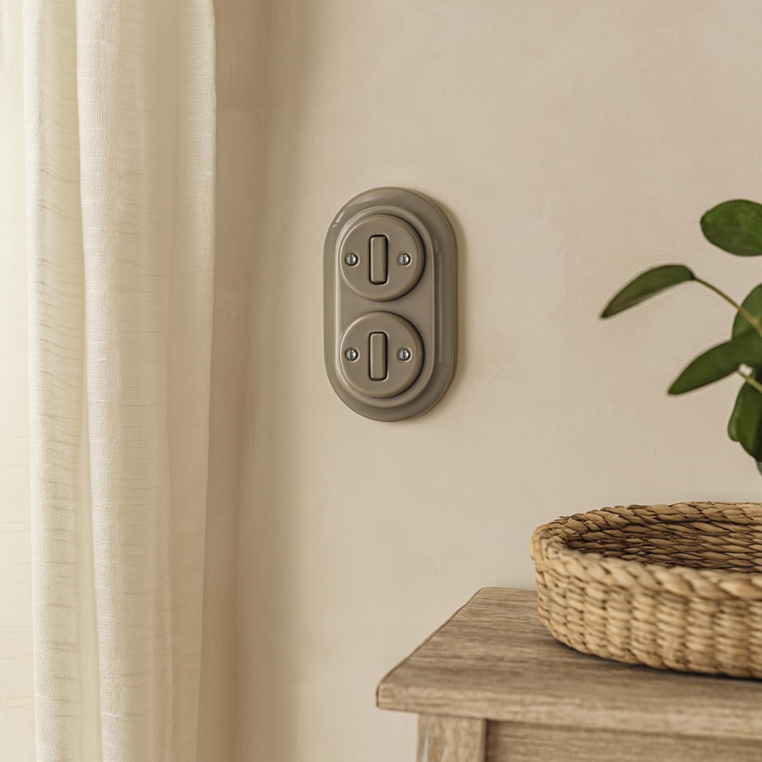 Unterputz Porzellan Retro Schalter, 2-fach, All-in-One, SET Serie PR1 graubeige