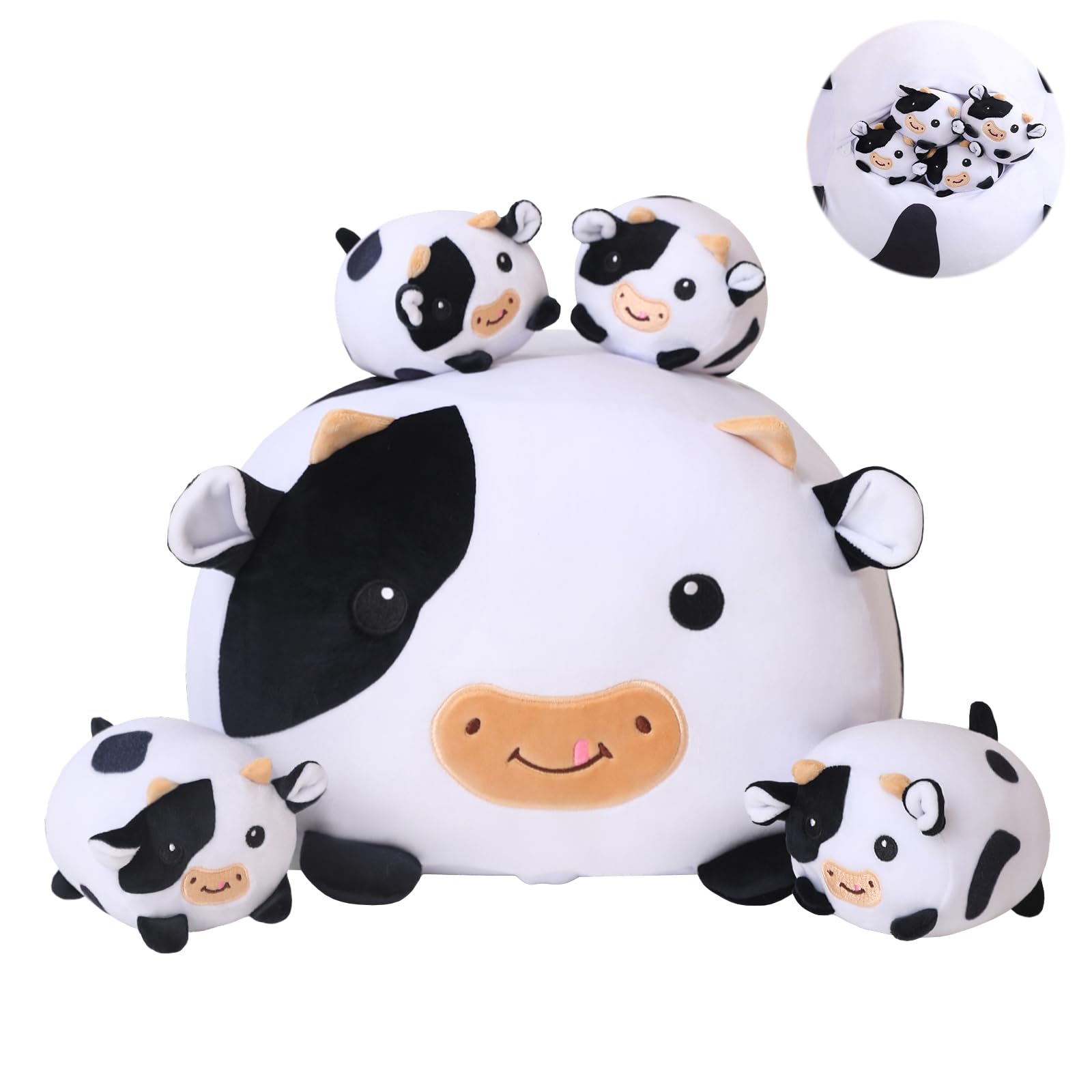 Cow Stuffed Animal 5 in 1, Cute Cow Plush Bedtime Toys, Ultra Soft Dairy Cattle with 4 Babies Inside, Milk Cows Soft Plushies Pillow Gift for Kids Birthday Christmas Valentine's