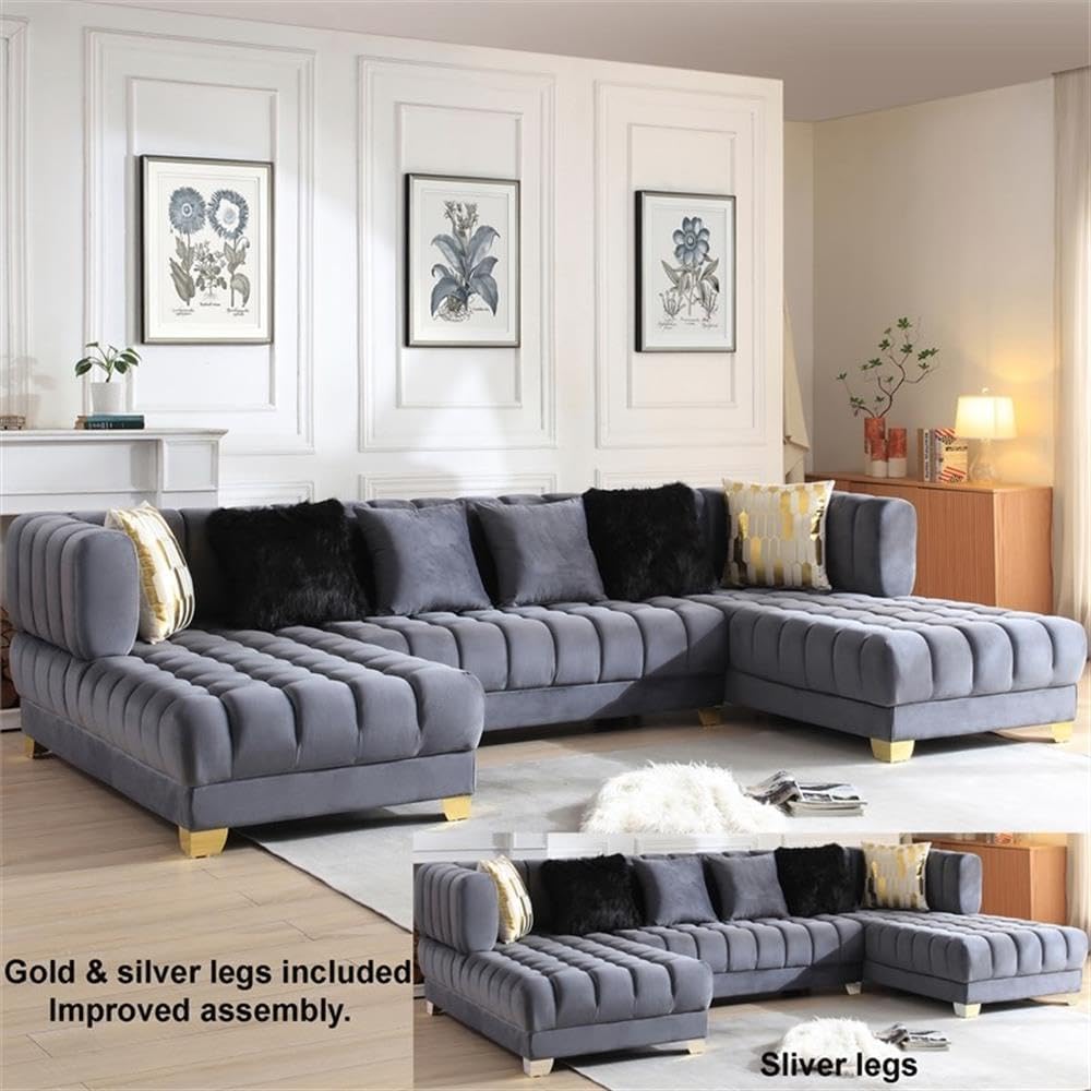 Pemberly Row U-Shaped Velvet Double Chaise Sectional Sofa, 140" Large Gray Couch, 6 Pillows, Tufted Design, Gold or Silver Legs, Sturdy Frame, Elegant Living Room Seating, Easy Assembly Required