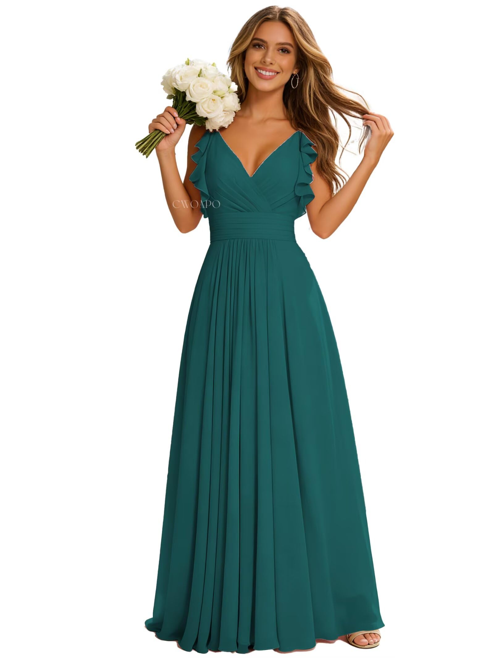 CWOAPO Chiffon Ruffle Long Bridesmaids Dress for Women Teal Plus Size A Line Formal Bridesmaid Dresses Backless Evening Gowns US24W