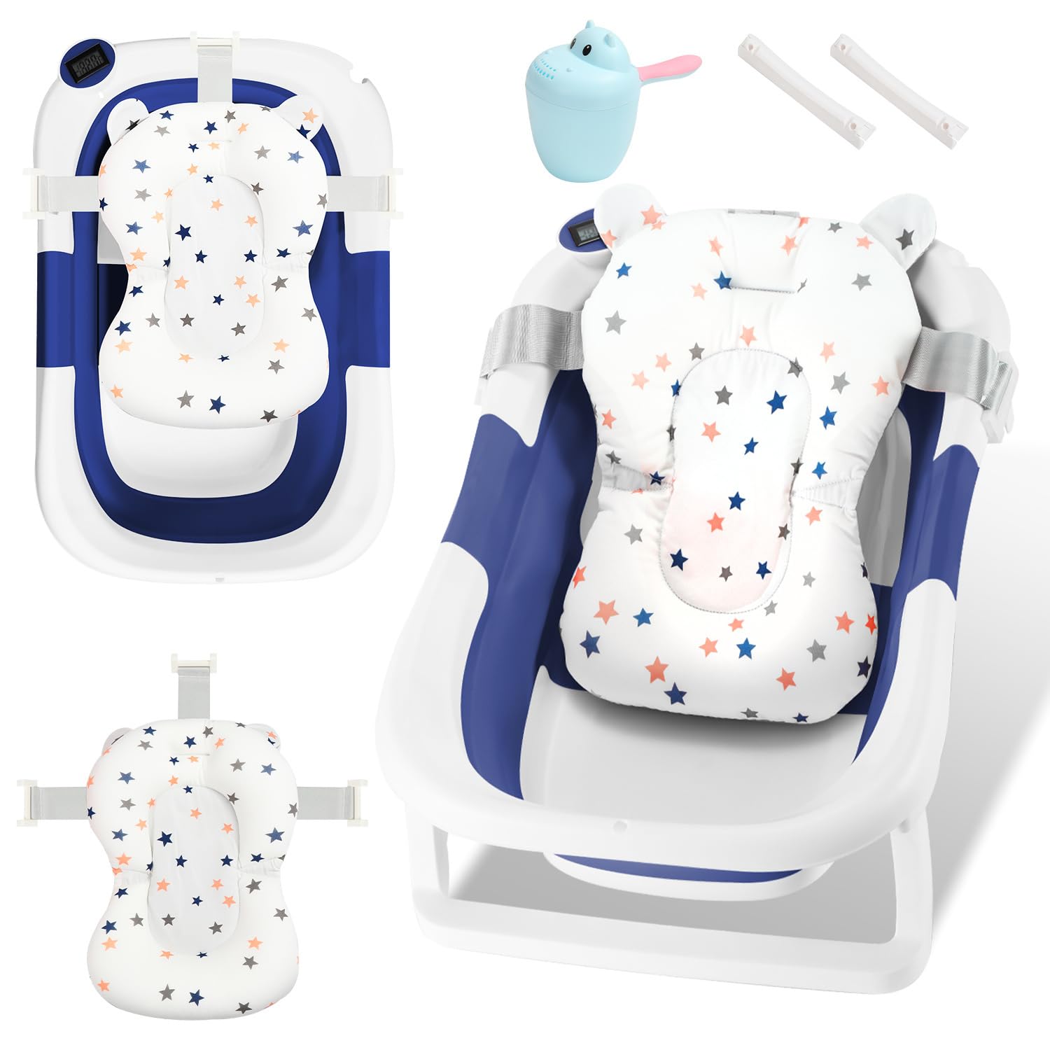 Baby Badewanne, Klappbare Badewannen, Dreifach Faltbare Bathtub, Kinderbadewanne mit Thermometer und Badematten-Stützpolster, Rutschfeste Matte, Baby Bathtub für Neugeborene Kleinkinder, Blau
