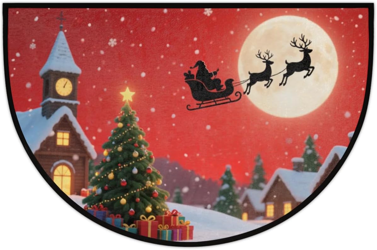 Half Round Door Mat - Indoor Outdoor Christmas Tree Gift Half Circle Rug for Entryway, Bathroom, Kitchen - Washable Non-Slip Half Moon Mat with Boho Floral Vintage Design - Small Floor Mat