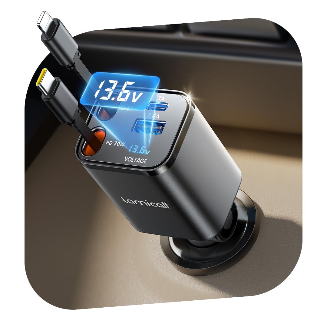 Lamicall 4 EN 1 Cargador Coche USB C, 69W Cargador Mechero Coche - [Compacto & Indicador de Voltaje] 180° Plegable Adaptador Móvil Coche con 2 Cables Retráctiles y Puerto USB-C/A, para iPhone/Samsung