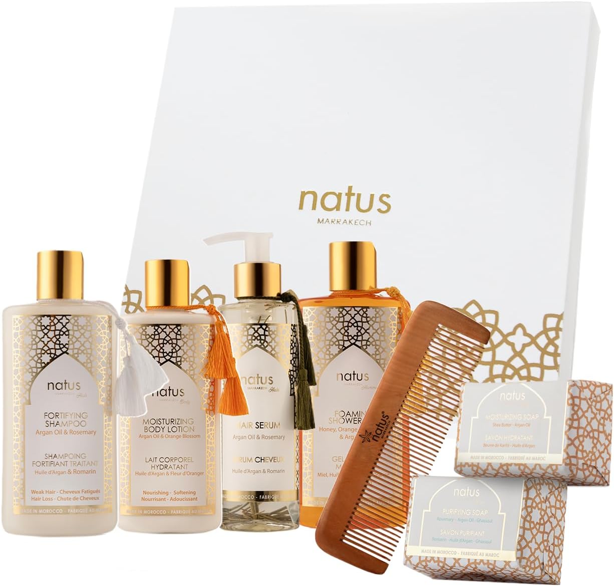 Beauty Set for Women with Argan Oil – Shampoo, Shower Gel, Hair Serum, Body Lotion, Moisturizing Soap, Purifying Soap, and Wooden Comb – All Skin/Hair Types – Vegan”