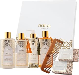 Coffret Beauté pour Femme à l'Huile d'Argan - Shampooing, Gel douche, Sérum capillaire, Lotion pour le corps, Savon hydratant, Savon purifiant et Peigne en bois - Tous types de Peau/Cheveux - Végan