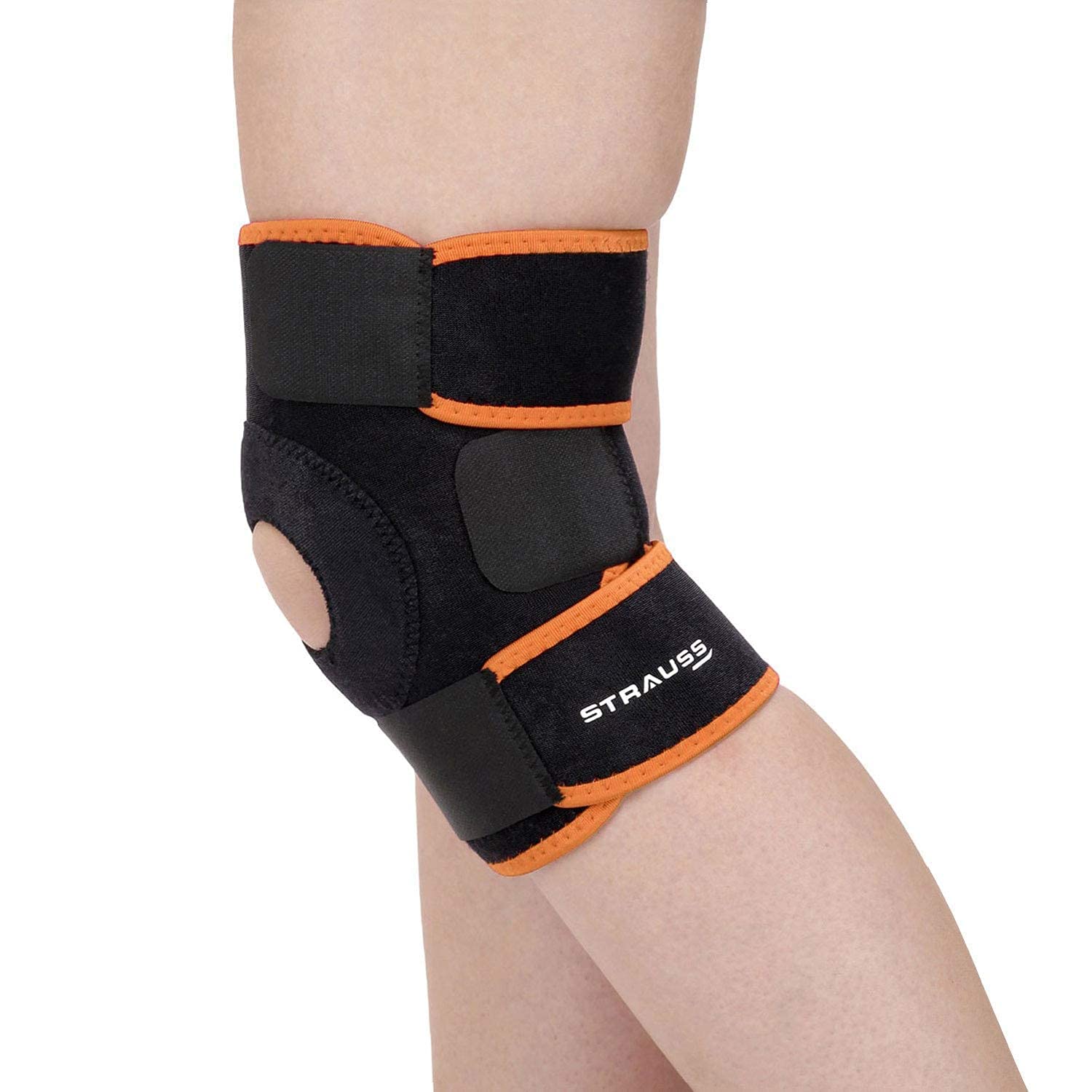 STRAUSS Adjustable Knee Support Patella | Compression Knee Brace for Men and Women, Breathable Material for Gym, Fitness, Basketball, Injury Recovery, Running, Sports| Single,(Black/Orange)-picture-11