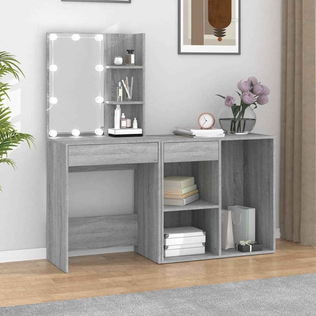 LED-Schminktisch Mit Schrank Grau Holzwerkstoff | Mit Spiegel, USB-Licht Warm-Kaltweiss, Stauraum, Make-up Tisch