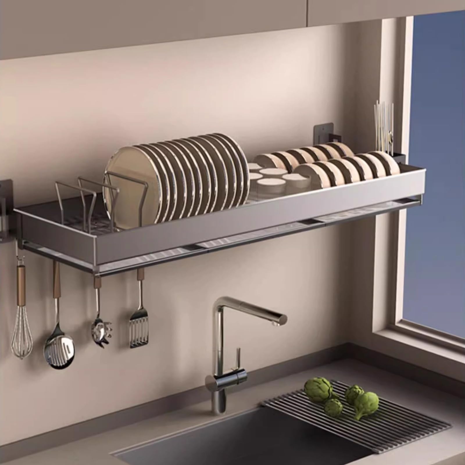 Escurridor de platos montado en la pared sobre el fregadero, ahorro de espacio, 90 cm, versátil para secar platos en cocina y comedor, 1 unidad