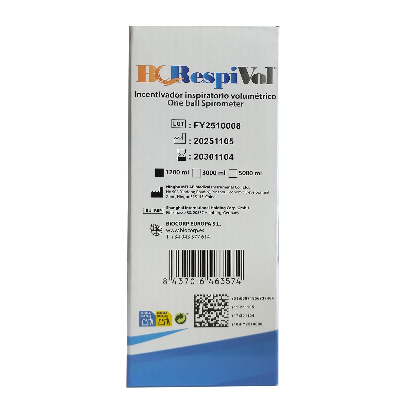 BCRespivol wolumetryczny przyrząd do ćwiczeń wdechowych, jednokulowy spirometr, spirometr, 1200 ml