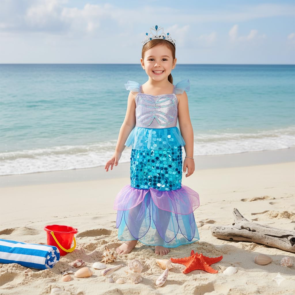 A2Z 4 Kids Meerjungfrau-Halloween-Kostüm für Mädchen, Kleid mit Krone, glitzerndes Pailletten-Design, Kostüm, Halloween, gruselig, Schulpartys, Cosplay, Event, Karneval, Kostüme, Größen 3 bis 14 Jahre