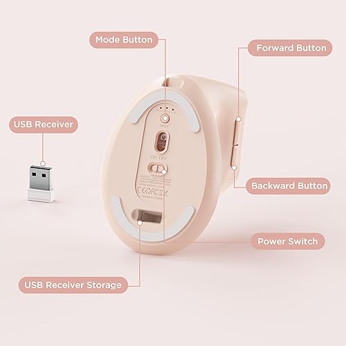 Miniatura 7 de Uineer Ratón inalámbrico ergonómico rosa, mouse vertical Bluetooth con BT5.04.02.4G, recargable con indicador de batería, diseño ergonómico para