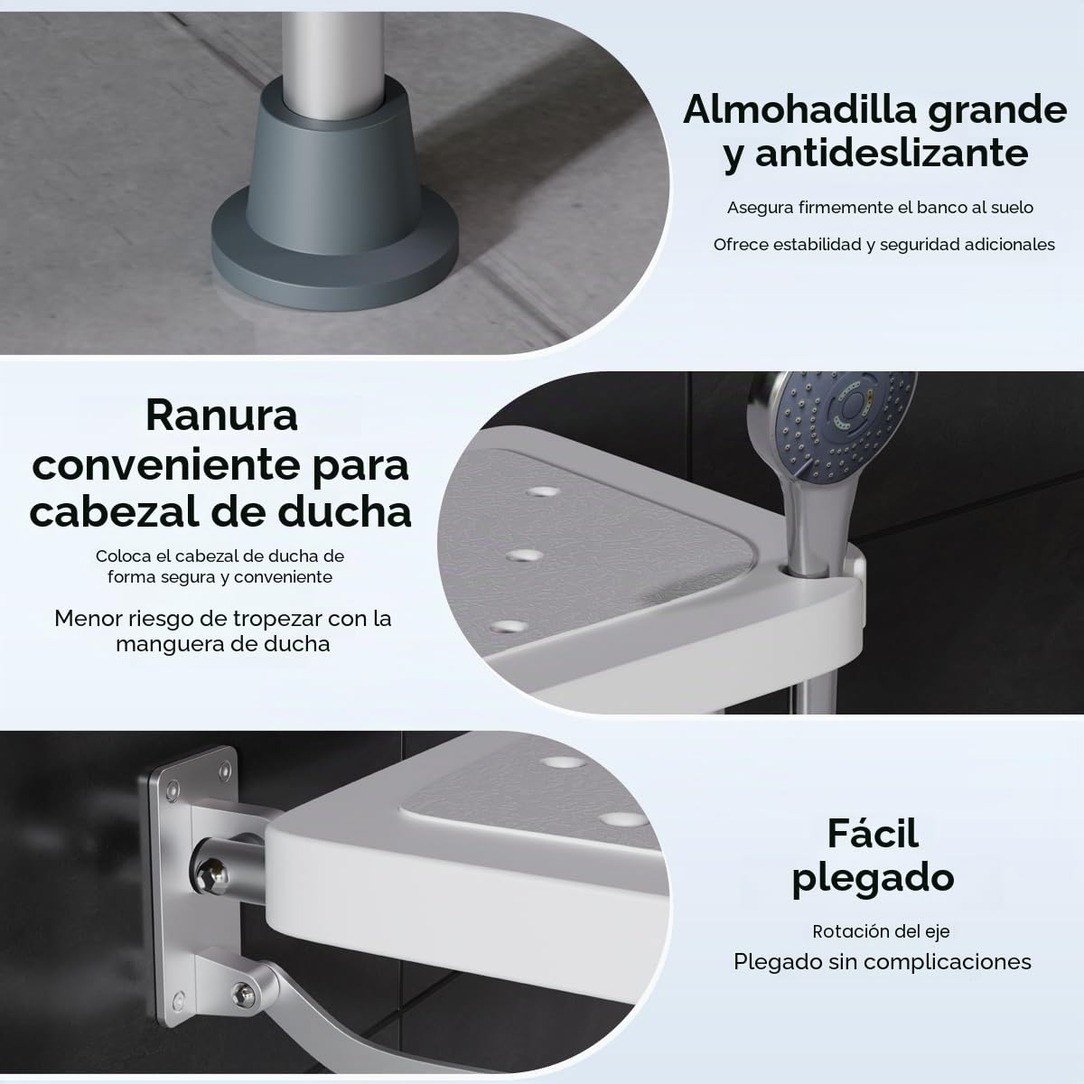 Visone - Taburete de ducha plegable para pared, asiento de ducha de 42 cm de alto con patas antideslizantes, agujero de drenaje, ranura para cabezal de ducha, adecuado para personas mayores y
