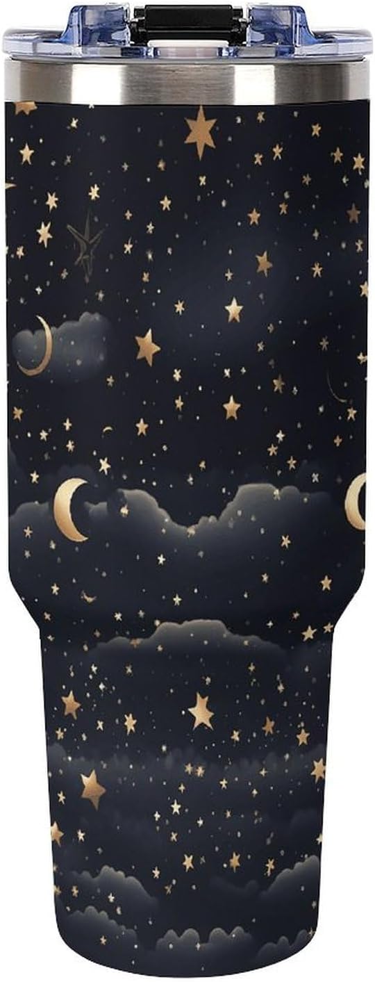 40 Oz Tumbler with Straw And Lid Stars And Moon on Dark Background Insulated Travel Coffee Mug Stainless Steel Water Bottle Vacuum Insulated Tumblers for Sport Work Car Travel Weekends