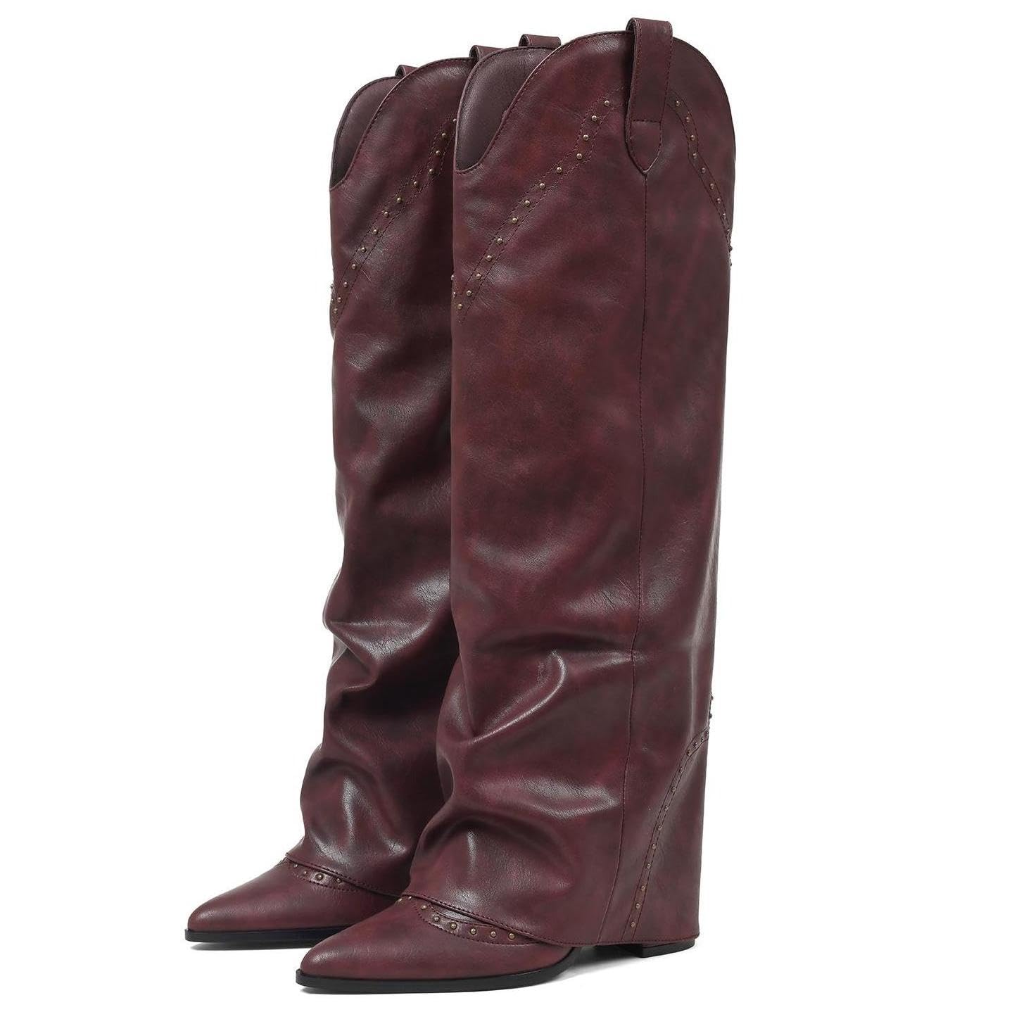 Women's Shark Studded Fold Over Knee High Boots Tall Pull-on Snip Toe Cowboy Cowgirl Slouch Boot Dress